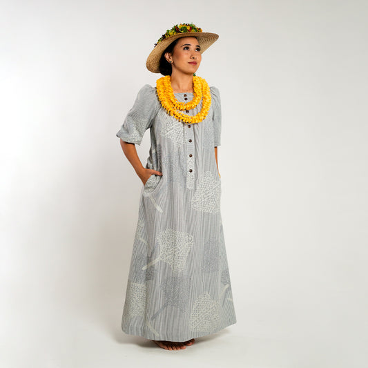 Square Neck Muʻumuʻu | Lauhala Fans | White & Grey on Grey Seer-Sucker