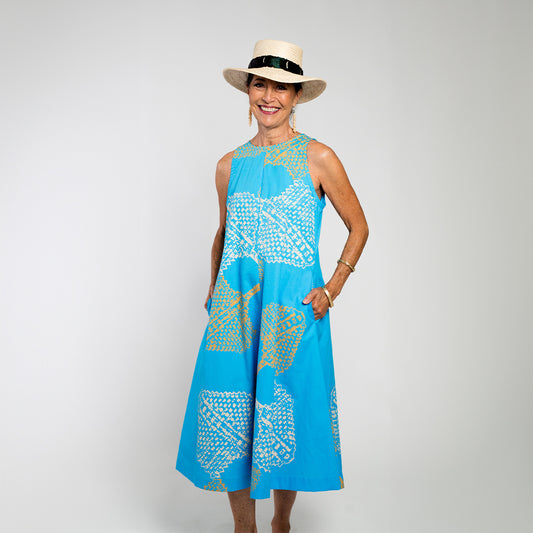 Vogue Dress | Lauhala Fans | Camel & Beige on Sky Blue